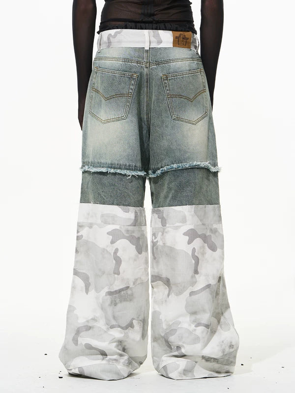 Double-Layer Camouflage Patchwork Wide Leg Pants 3