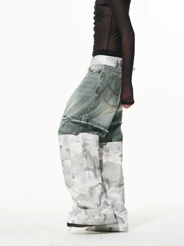 Double-Layer Camouflage Patchwork Wide Leg Pants 4