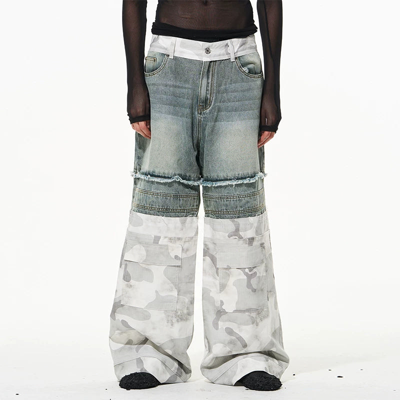 5781712782743,5781712782744,5781712782745,5781712782746, Double-Layer Camouflage Patchwork Wide Leg Pants