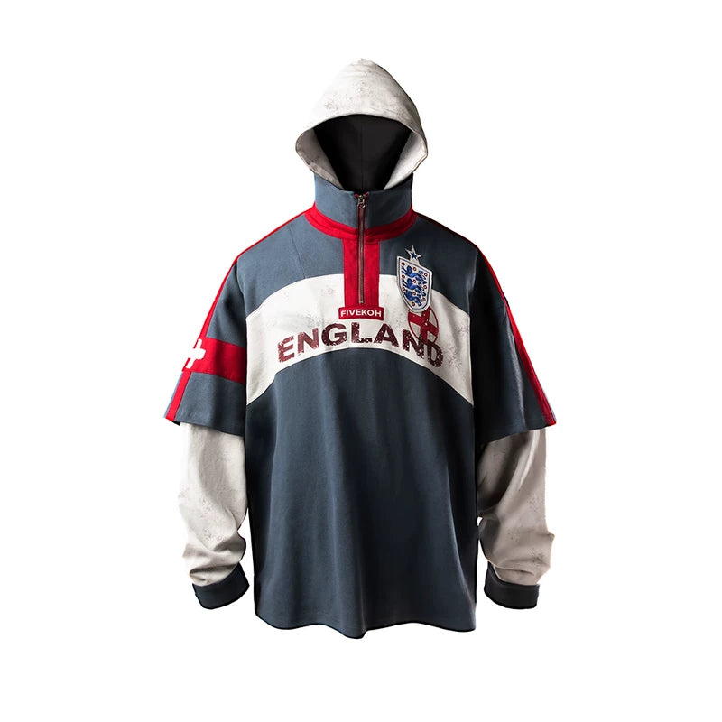 5814661455229,5814661455227, Double-Layer England Distressed Hooded Polo