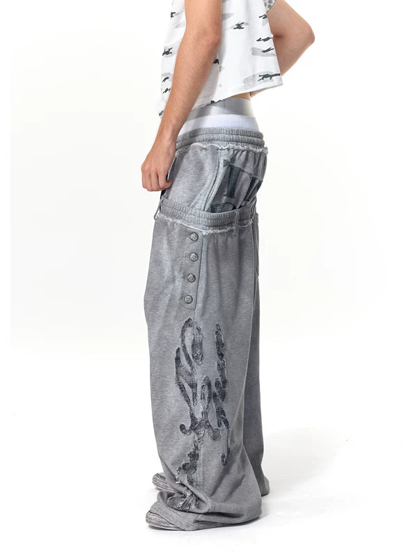 Double-Waist Applique Button Detail Sweatpants 1