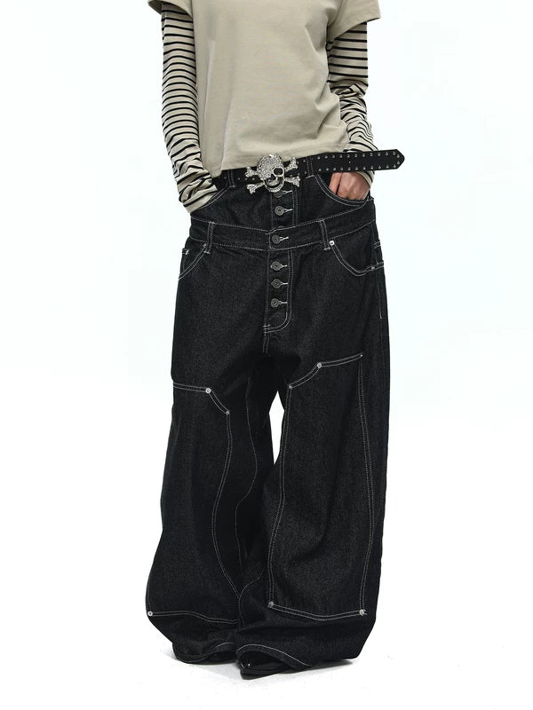 Double Waistband Wide Leg Denim Pants 1