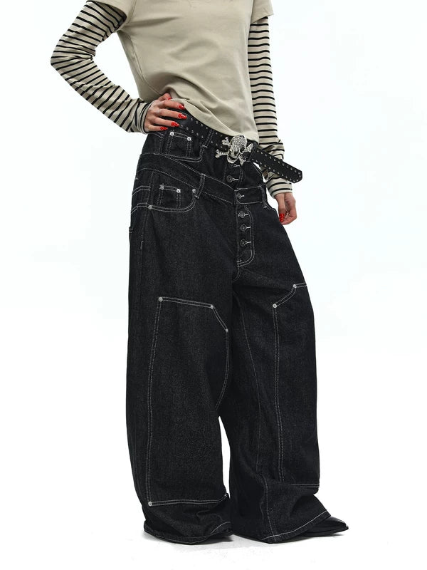 Double Waistband Wide Leg Denim Pants 2