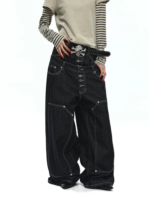 Double Waistband Wide Leg Denim Pants 3