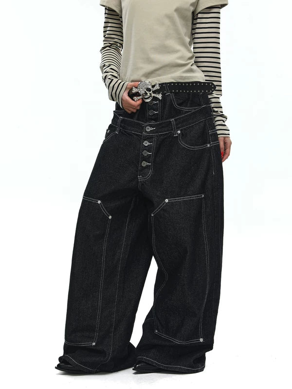 Double Waistband Wide Leg Denim Pants 5