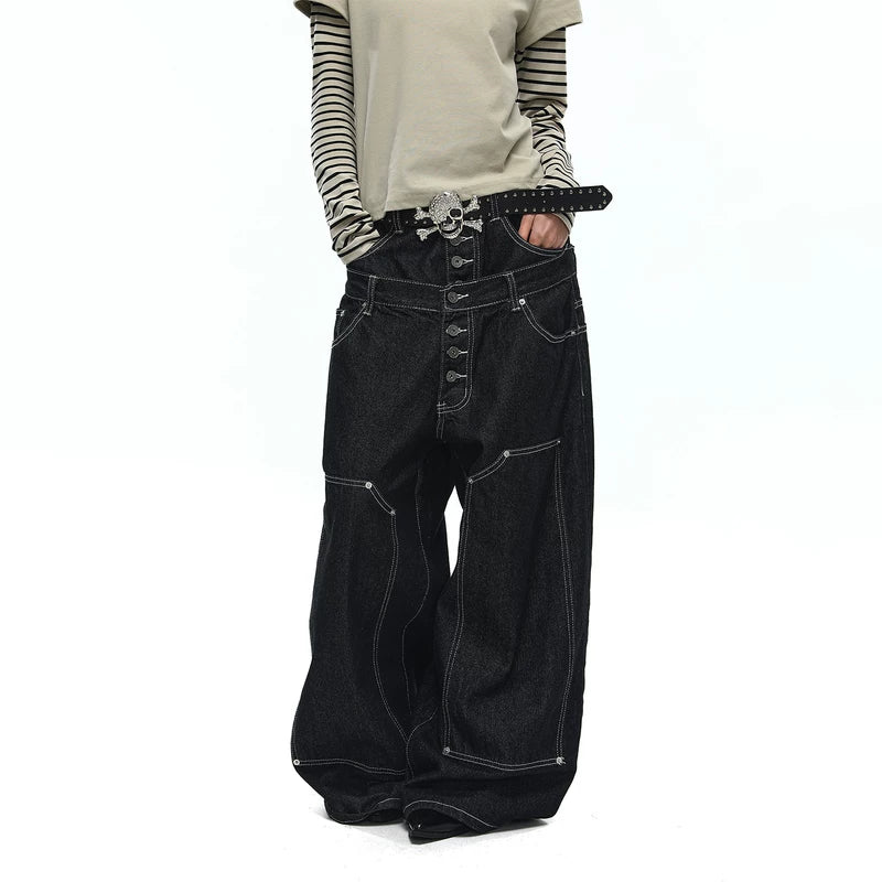 6180854751469,6180854751470,6180854751471,6180854751472, Double Waistband Wide Leg Denim Pants