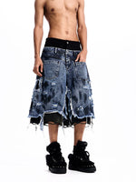 Double-Waisted Distressed Patchwork Denim Shorts 1