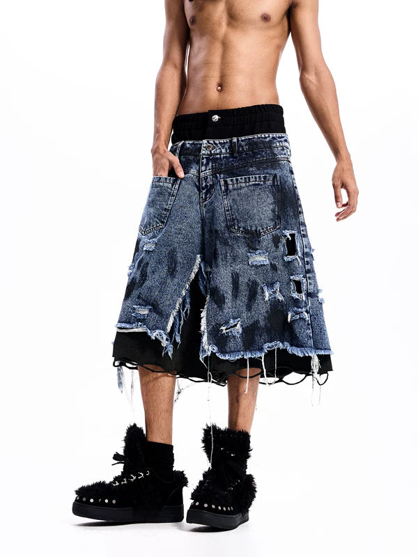 Double-Waisted Distressed Patchwork Denim Shorts 2