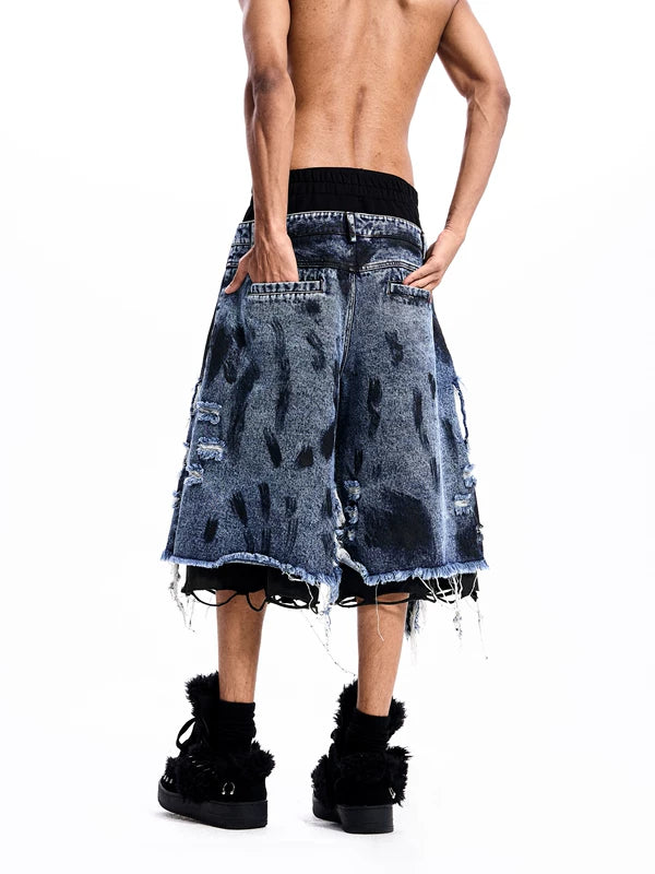 Double-Waisted Distressed Patchwork Denim Shorts 3