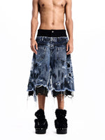 Double-Waisted Distressed Patchwork Denim Shorts 4