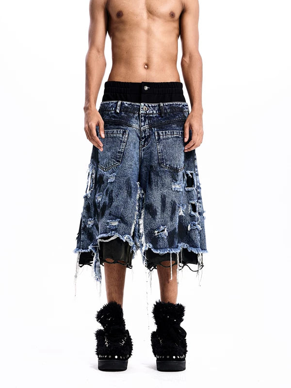 Double-Waisted Distressed Patchwork Denim Shorts 4