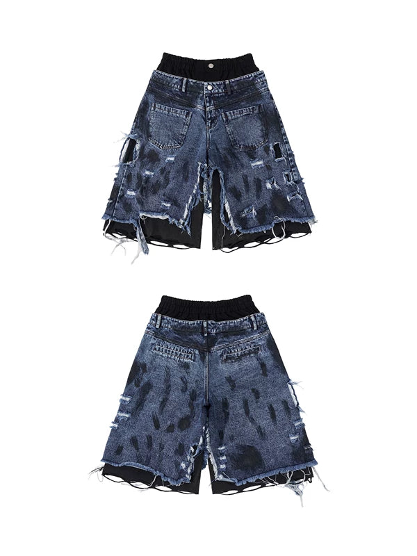 Double-Waisted Distressed Patchwork Denim Shorts 5