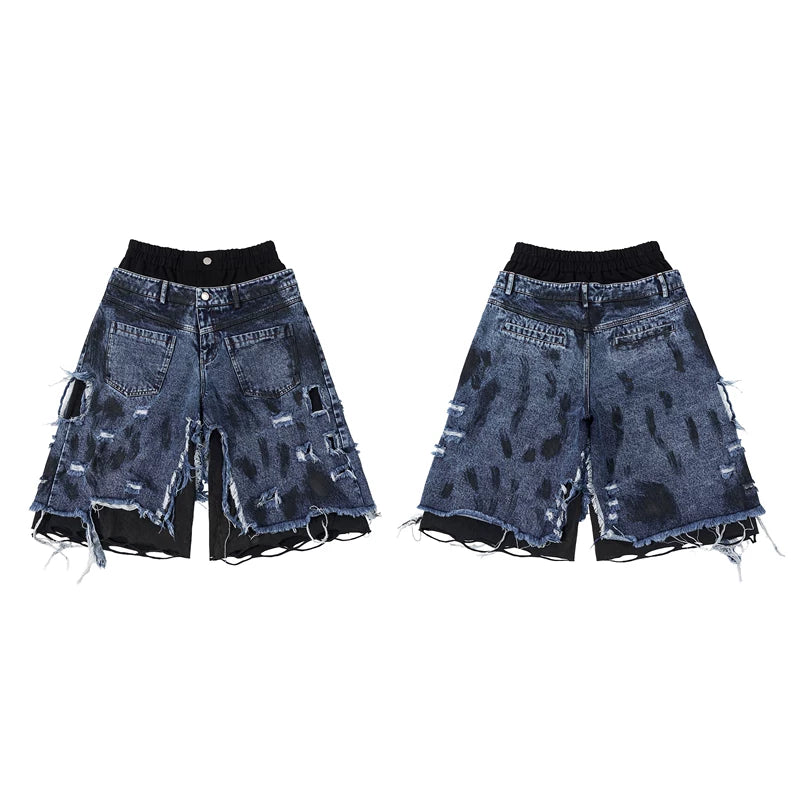 6266283090577,6266283090578,6266283090579,6266283090580, Double-Waisted Distressed Patchwork Denim Shorts