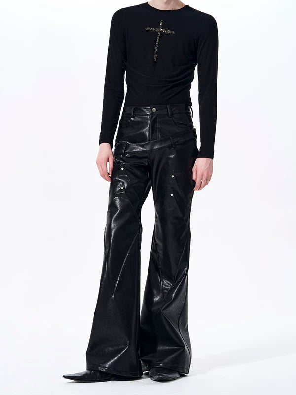 Double-Waisted Flared Leather Pants 2