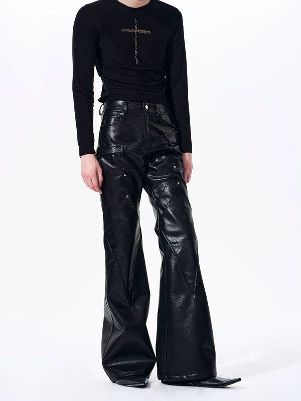 Double-Waisted Flared Leather Pants 3