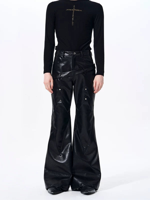 Double-Waisted Flared Leather Pants 4