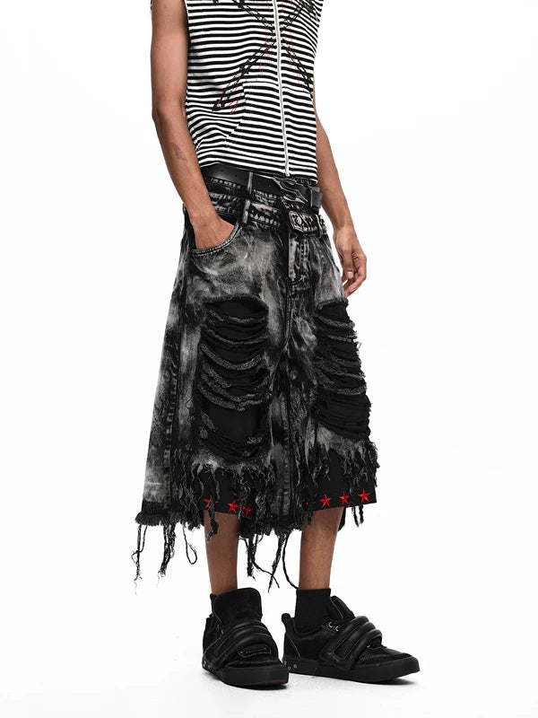 Double-Waisted Ripped Tassel Star Embroidered Shorts 2