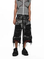 Double-Waisted Ripped Tassel Star Embroidered Shorts 3