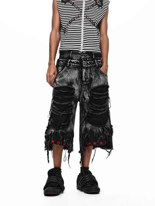 Double-Waisted Ripped Tassel Star Embroidered Shorts 3