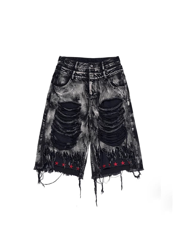 Double-Waisted Ripped Tassel Star Embroidered Shorts 5