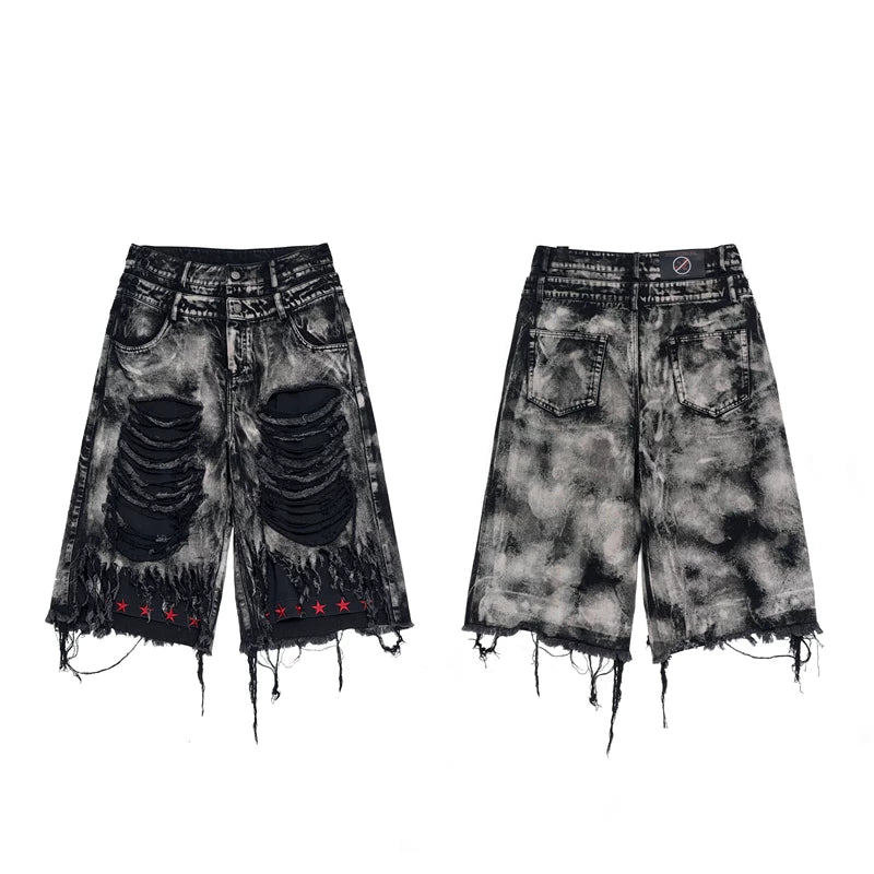 6062331021569,6062331021570,6062331021571,6062331021572, Double-Waisted Ripped Tassel Star Embroidered Shorts