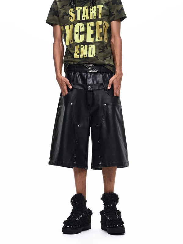 Double-Waisted Studded PU Leather Shorts 2