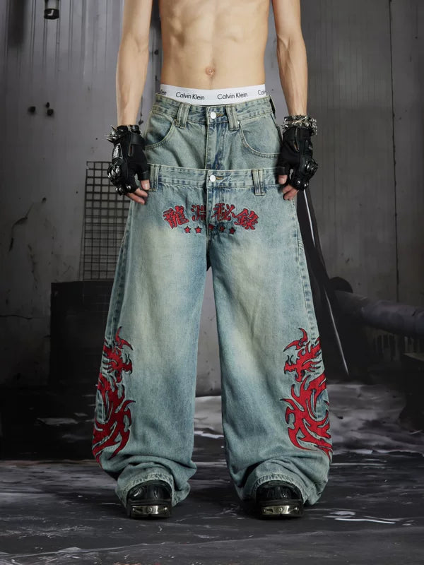 Dragon Embroidery Wide-Leg Jeans 1