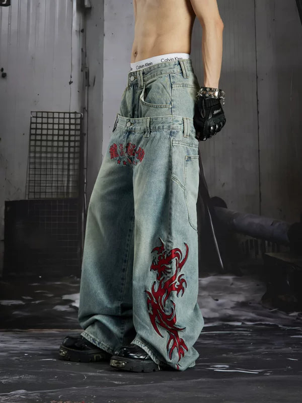 Dragon Embroidery Wide-Leg Jeans 3