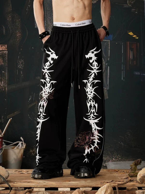 Dragon Print Rhinestone Wide Leg Sweatpants 2