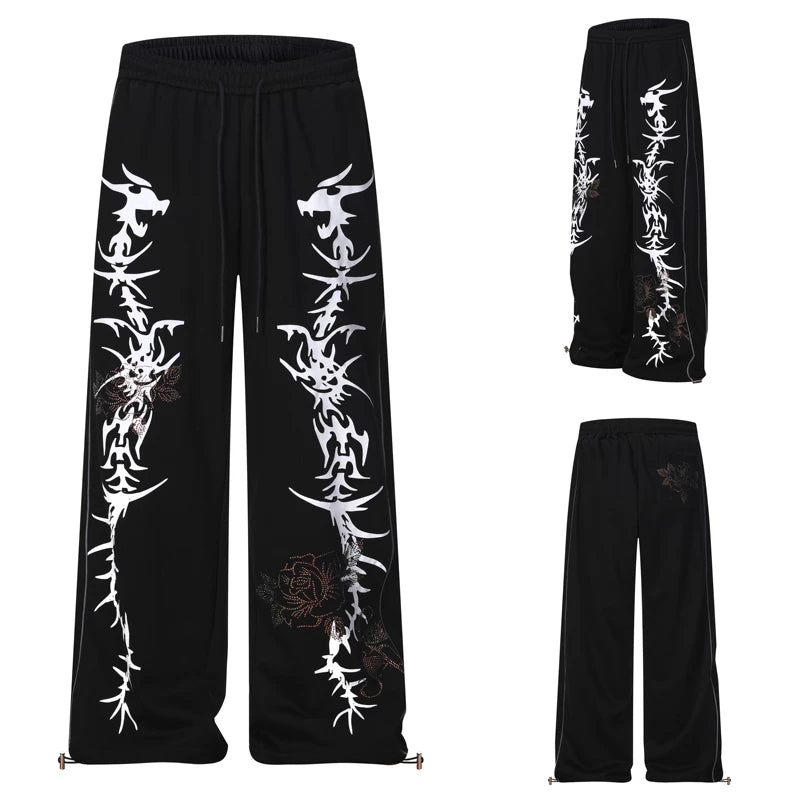 6210365159074,6210365159075,6210365159076,6210365159077, Dragon Print Rhinestone Wide Leg Sweatpants