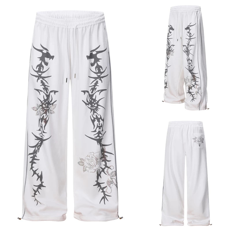 6210365159078,6210365159079,6210365159080,6210365159081, Dragon Print Rhinestone Wide Leg Sweatpants