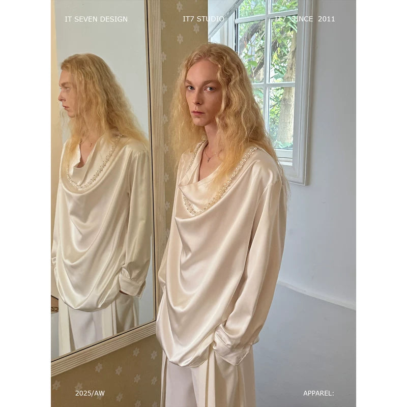 Draped Satin Shirt with Beaded Neckline 1