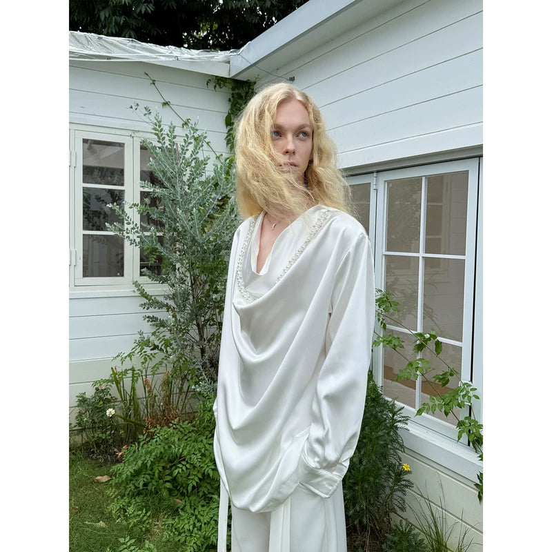 Draped Satin Shirt with Beaded Neckline 2