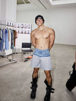 Dual-Material Deconstructed Denim Shorts 1