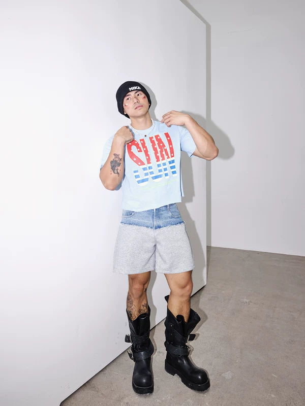 Dual-Material Deconstructed Denim Shorts 5