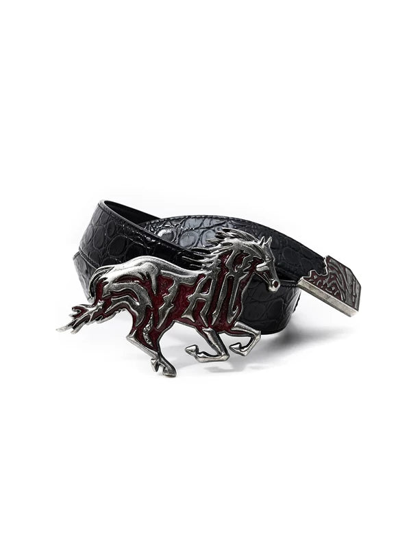 Embossed Leather Belt with Horse Buckle 1