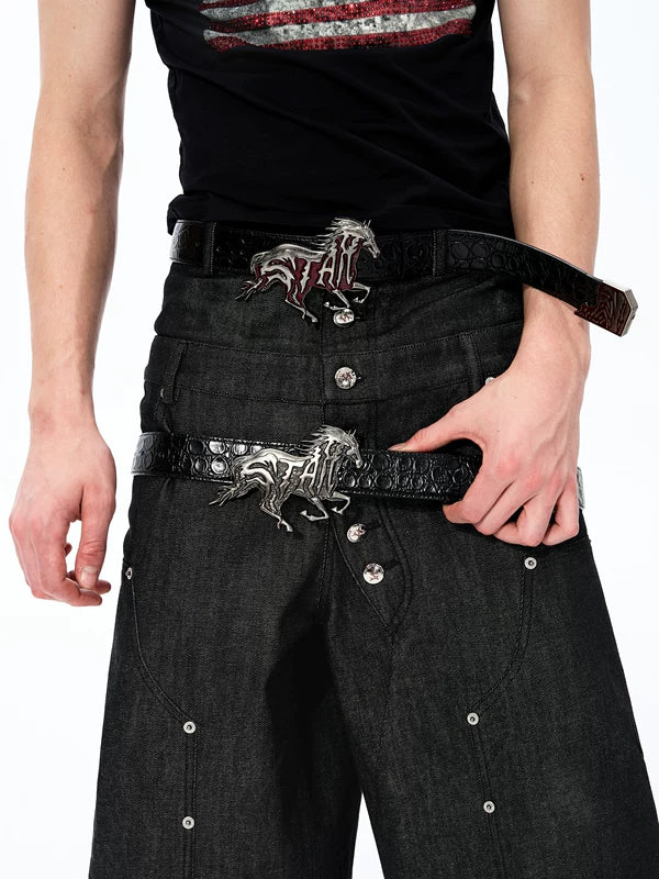 Embossed Leather Belt with Horse Buckle 2