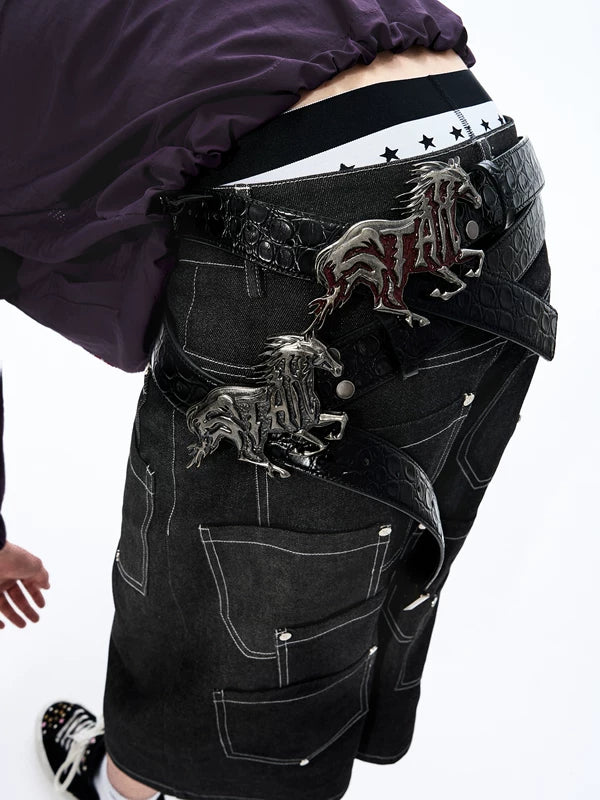 Embossed Leather Belt with Horse Buckle 3