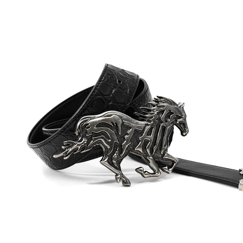 6245198583202, Embossed Leather Belt with Horse Buckle