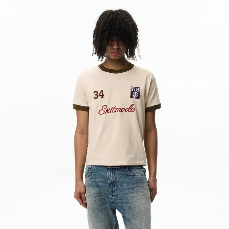 6252099366592,6252099366593,6252099366594,6252099366595, Embroidered Badge Short-Sleeve Crew Neck T-Shirt