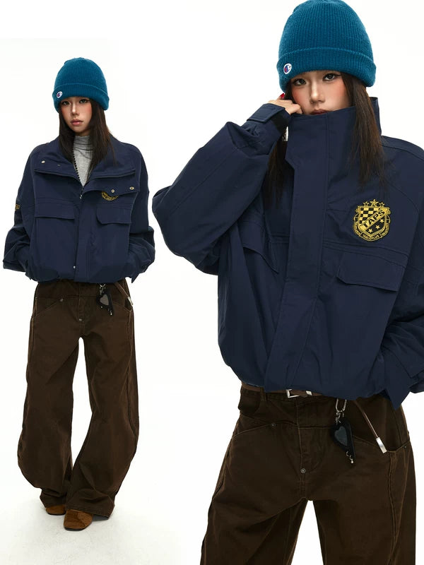 Embroidered Badge Stand Collar Bomber Jacket 1
