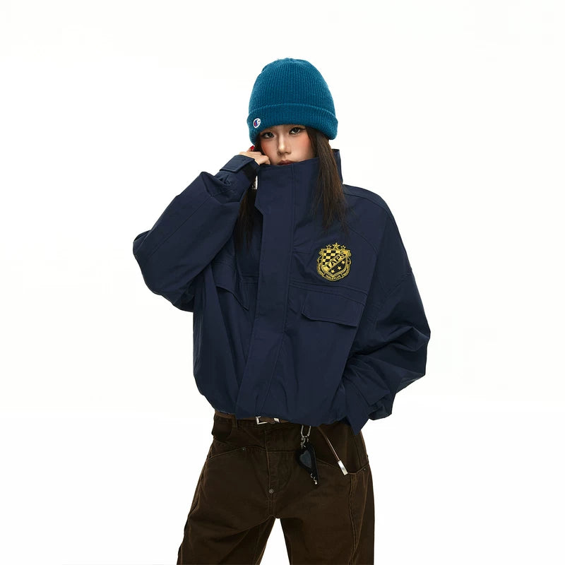 6197671826769,6197671826770,6197671826771,6197671826772, Embroidered Badge Stand Collar Bomber Jacket