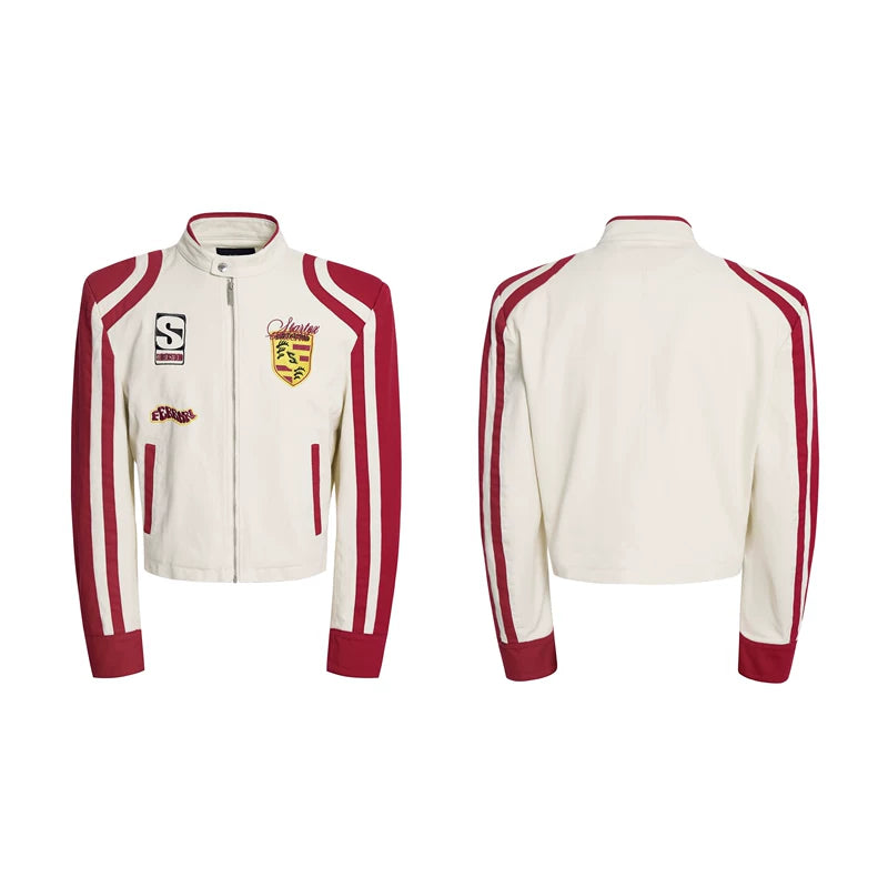 6209960071308,6209960071309,6209960071310,6209960071311, Embroidered Badge Stand Collar Motorcycle Jacket