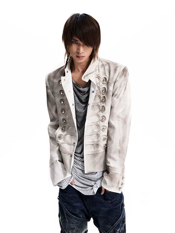 Embroidered Buttoned Napoleon Stand Collar Jacket 2
