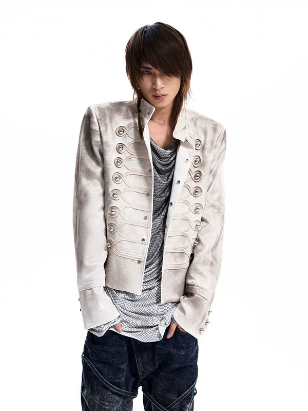 Embroidered Buttoned Napoleon Stand Collar Jacket 3