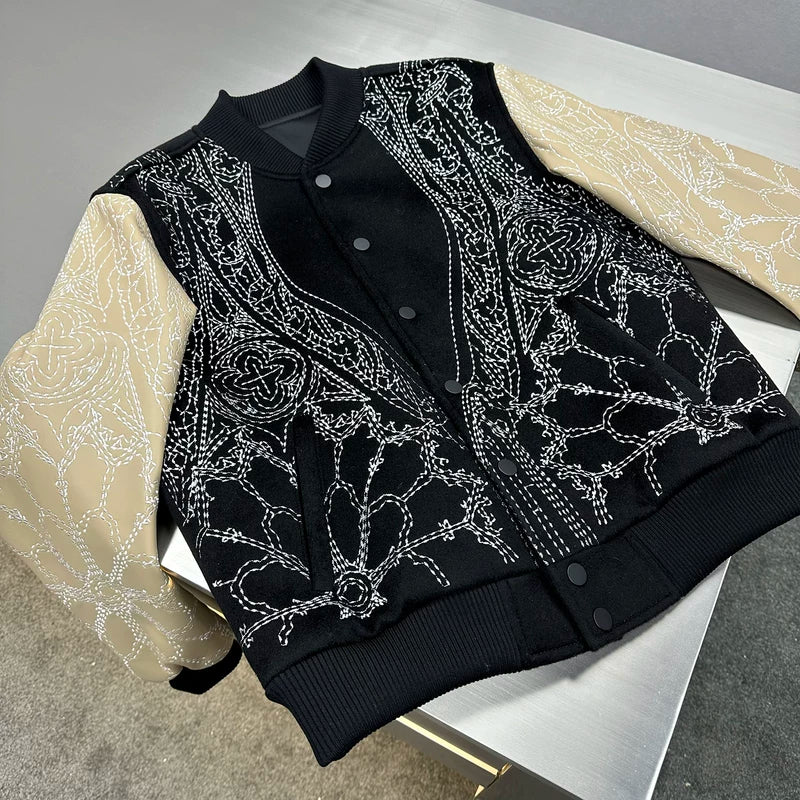 Embroidered Cashmere Sheepskin Baseball Jacket 3