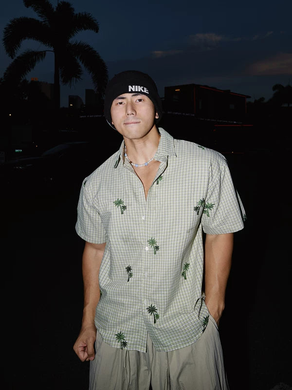 Embroidered Coconut Tree Check Short-Sleeve Shirt 1