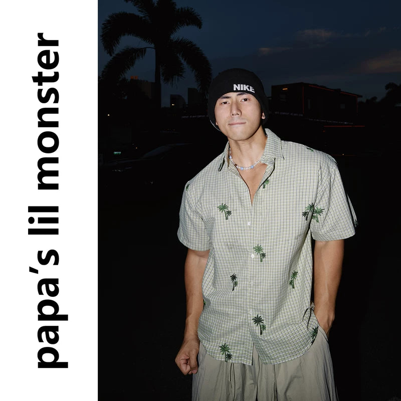 6098429521895,6098429521896,6098429521897, Embroidered Coconut Tree Check Short-Sleeve Shirt