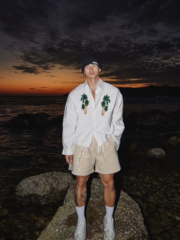 Embroidered Coconut Tree Tie-Waist Shirt 2