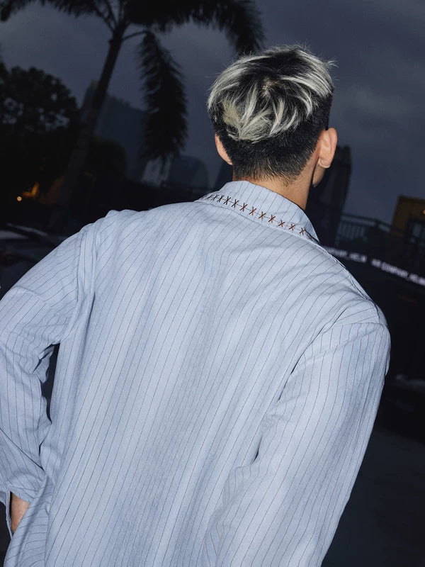 Embroidered Cross Striped Loose Long-Sleeve Shirt 5